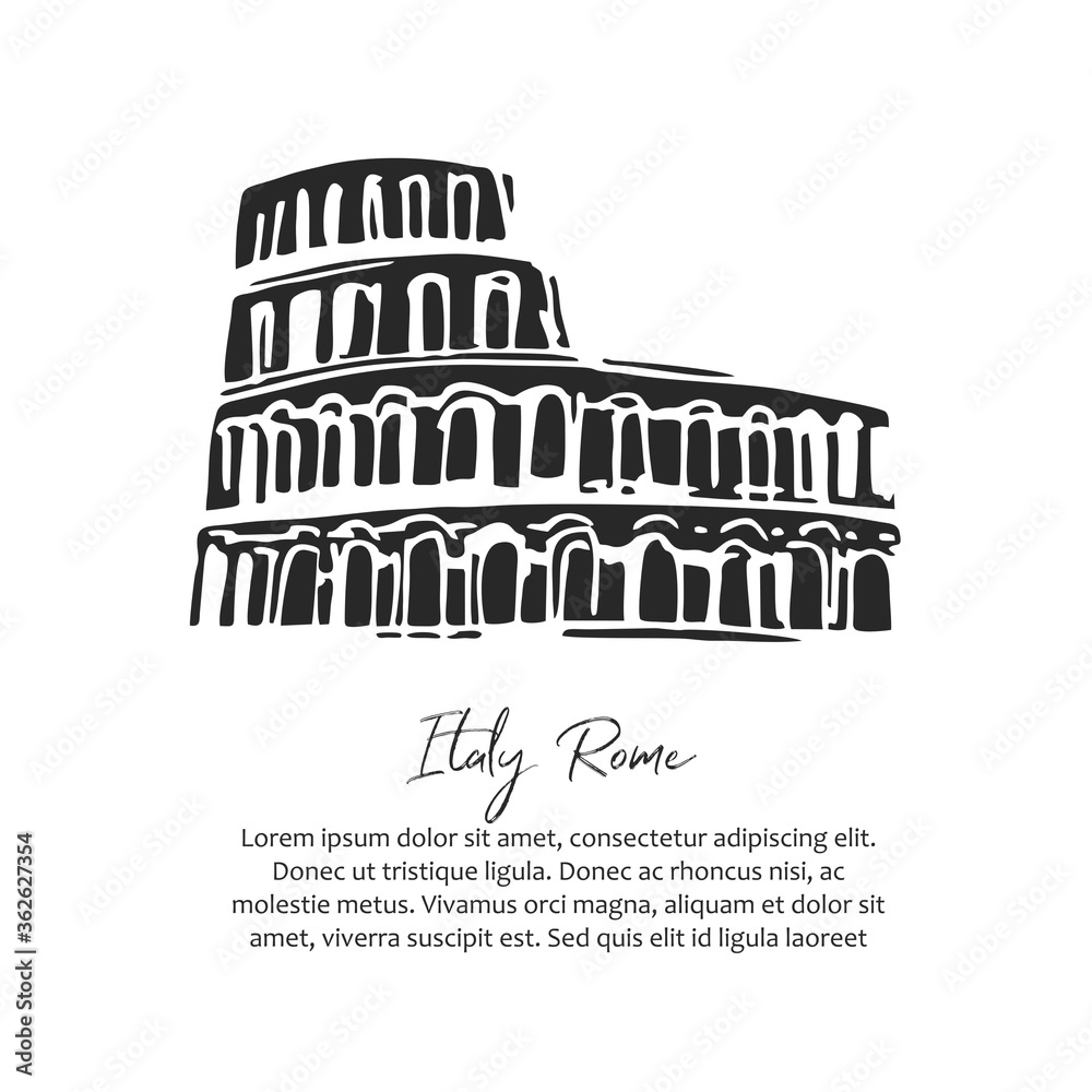 Hand-drawn in black ink in the style of a sketch of the Colosseum Building in Rome. Line drawing of the architecture of antiquity. Symbol of Italy on a white background. Cartoon vector illustration.