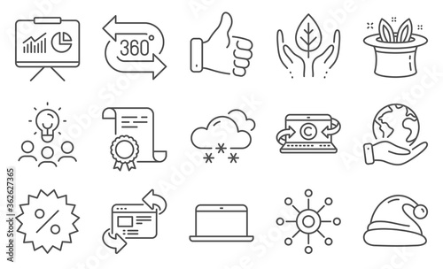 Set of Business icons, such as Copywriting notebook, Like hand. Diploma, ideas, save planet. Multichannel, Discount, 360 degree. Santa hat, Presentation, Fair trade. Vector
