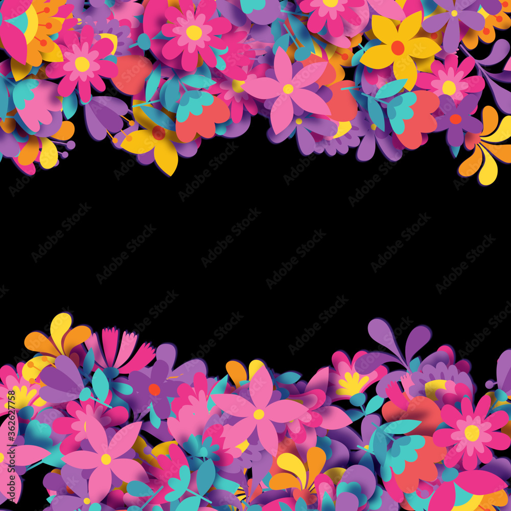 Picture of cute, colorful flowers on a black background to use as a picture frame.