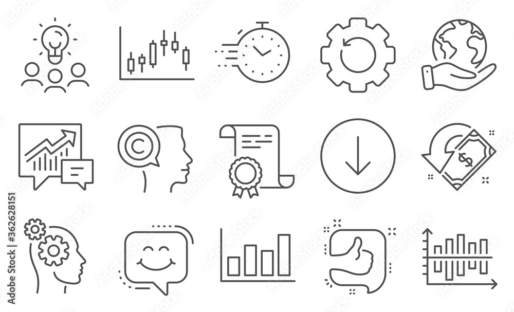 Set of Business icons, such as Cashback, Scroll down. Diploma, ideas, save planet. Report diagram, Recovery gear, Timer. Smile chat, Accounting, Diagram chart. Thoughts, Writer, Like. Vector Set of Business icons, such as Cashback, Scroll down. Diploma, ideas, save planet. Report diagram, Recovery gear, Timer. Smile chat, Accounting, Diagram chart. Thoughts, Writer, Like. Vector