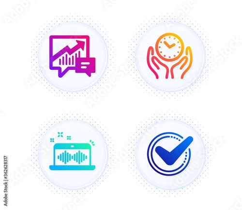 Accounting, Safe time and Music making icons simple set. Button with halftone dots. Confirmed sign. Supply and demand, Hold clock, Dj app. Accepted message. Education set. Vector
