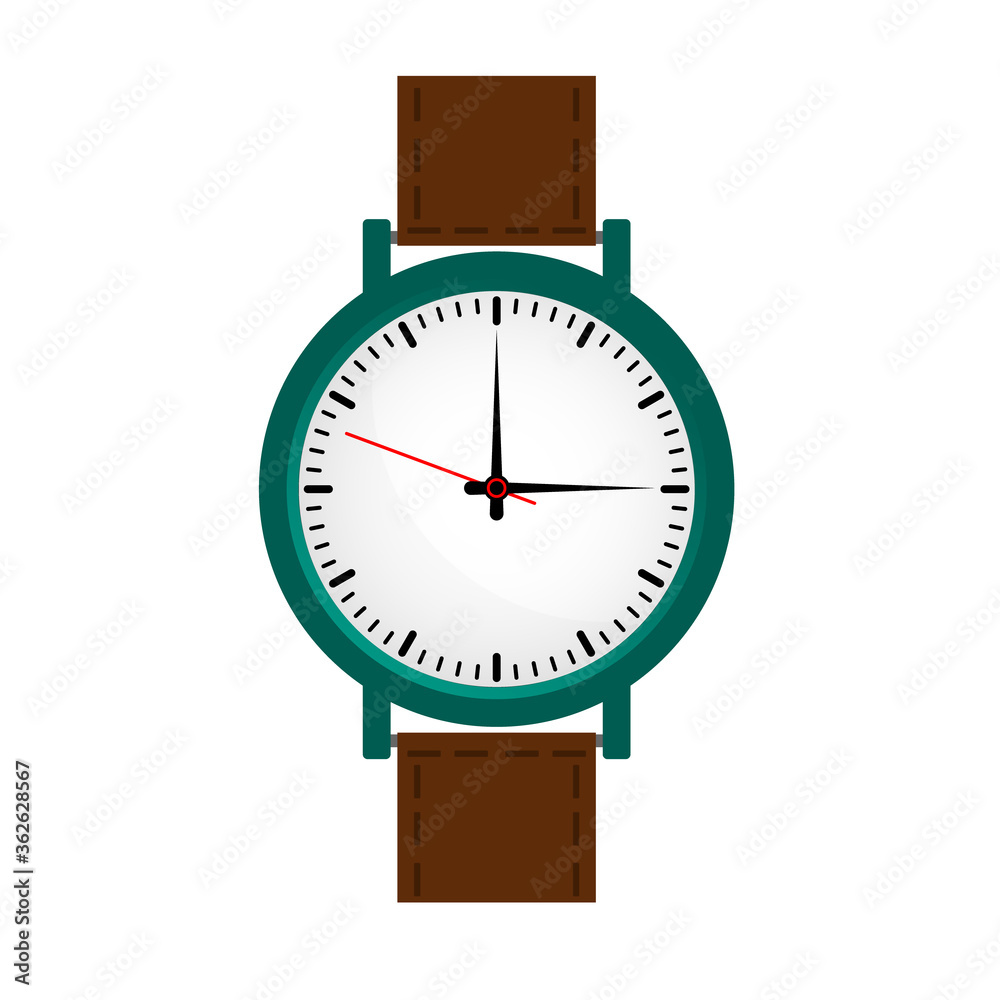 The watch is green with a brown belt. Watches in a flat style. The watch is green with a brown belt. Watches in a flat style.