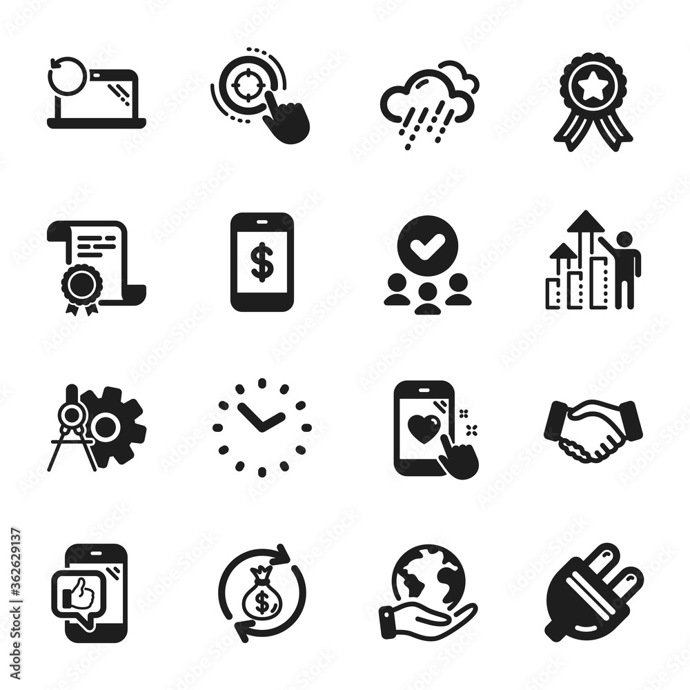 Set of Business icons, such as Mobile like, Money exchange. Certificate, approved group, save planet. Seo target, Electric plug, Handshake. Smartphone payment, Recovery laptop, Time. Vector Set of Business icons, such as Mobile like, Money exchange. Certificate, approved group, save planet. Seo target, Electric plug, Handshake. Smartphone payment, Recovery laptop, Time. Vector