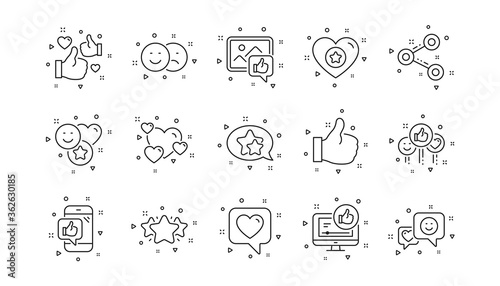 Share network, Like thumbs up and Rating. Social media line icons. Feedback smile linear icon set. Geometric elements. Quality signs set. Vector