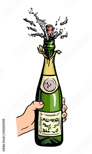 bottle of champagne at the time of opening. color vector illustration on a white background