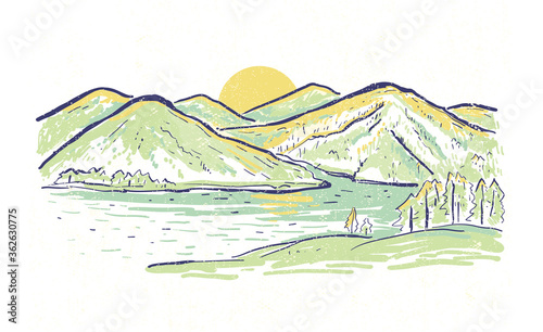 Horizontal landscape vector sketch color  illustration with mountains and lake at sunset. Summer romantic background. Grunge hand drawn design