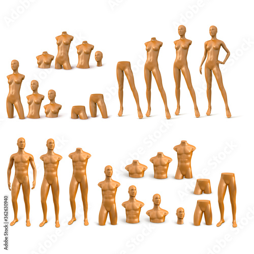Golden plastic bare mannequins. Set of male and female mannequins of different parts of the body. 3d realistic vector illustration.