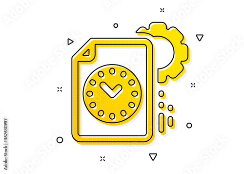 Time management sign. Project deadline icon. File with gear symbol. Yellow circles pattern. Classic project deadline icon. Geometric elements. Vector