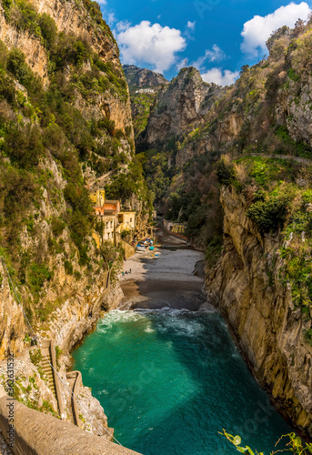 A view from the coast road looking down towards Italy's only fjord at Fiordo di Furore on the Amalfi Coast, Italy
