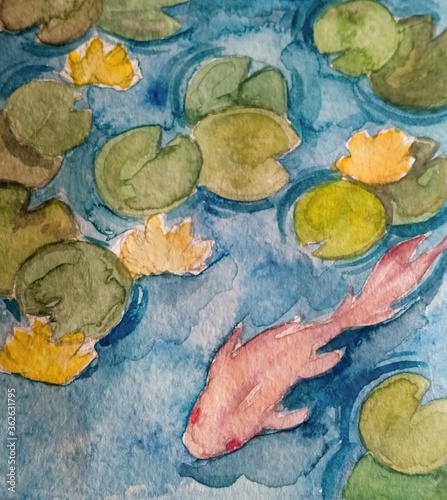 fish swims among water lilies watercolor illustration