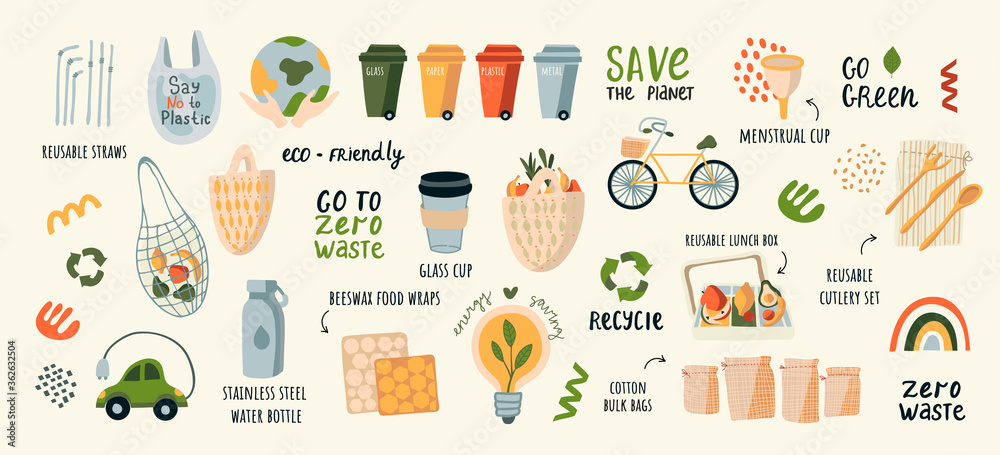A collection of vector illustrations by Zero Waste. Eco icons on light. Flat vector illustration. Ecology and recycling with environmental conservation vector illustration and motivational text A collection of vector illustrations by Zero Waste. Eco icons on light. Flat vector illustration. Ecology and recycling with environmental conservation vector illustration and motivational text