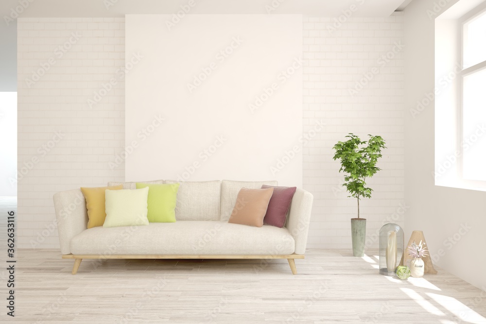 Fototapeta premium White living room with sofa. Scandinavian interior design. 3D illustration
