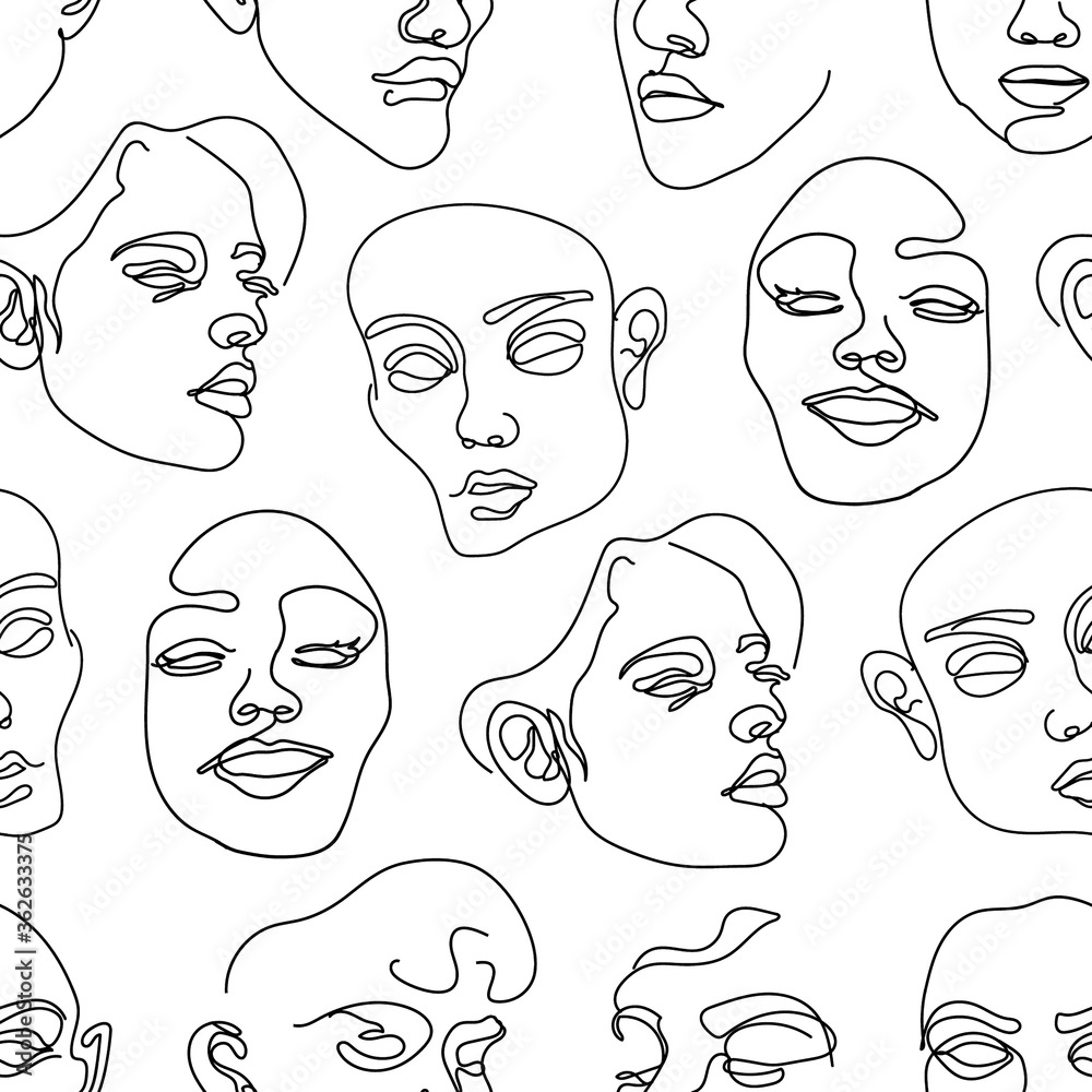 Seamless pattern with human faces. One line drawing. Seamless pattern with human faces. One line drawing.