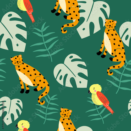 Vector seamless pattern with leopards and parrots on a green background with tropical leaves. © Iam_Juli