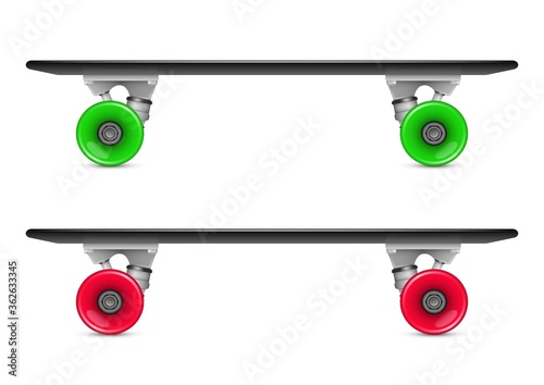 Vector illustration of penny skate board with red and green wheels