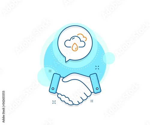 Clouds with rain sign. Handshake deal complex icon. Rainy weather forecast line icon. Cloudy sky symbol. Agreement shaking hands banner. Rainy weather sign. Vector