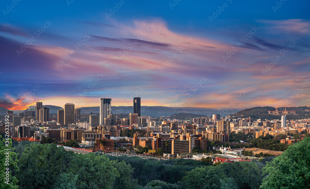 Pretoria city during twilight with colourful clouds