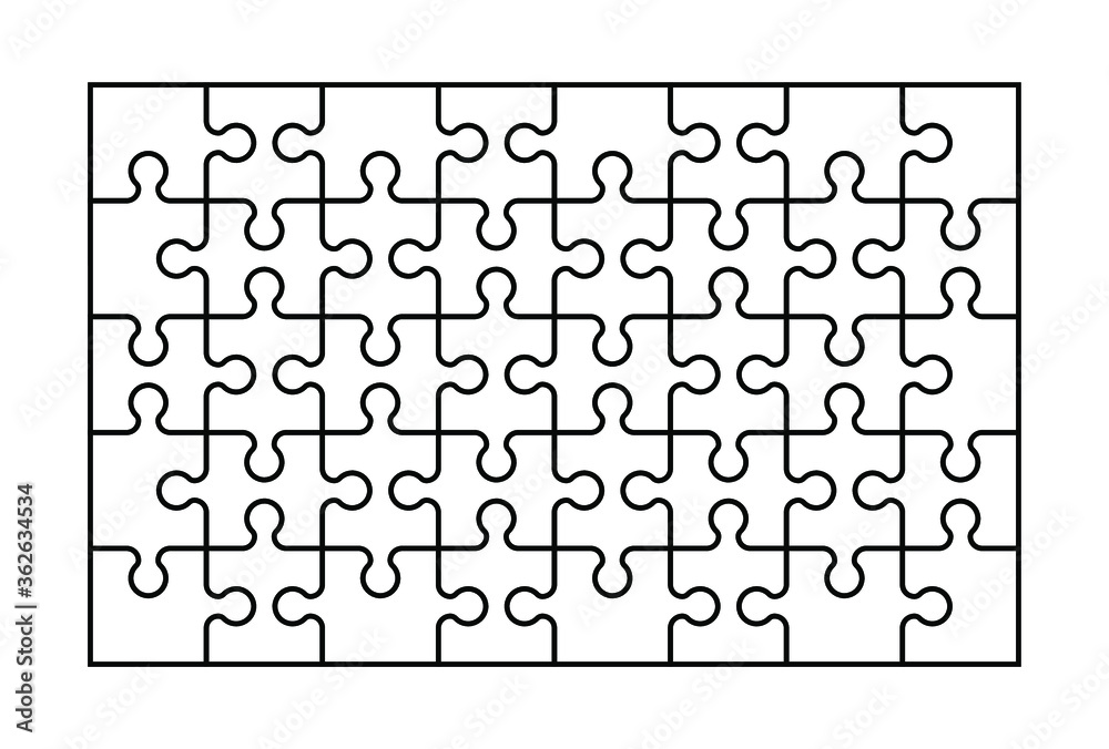 Set of forty puzzle pieces. Puzzle with different types of details and the ability to move each part. Black and white vector illustration.