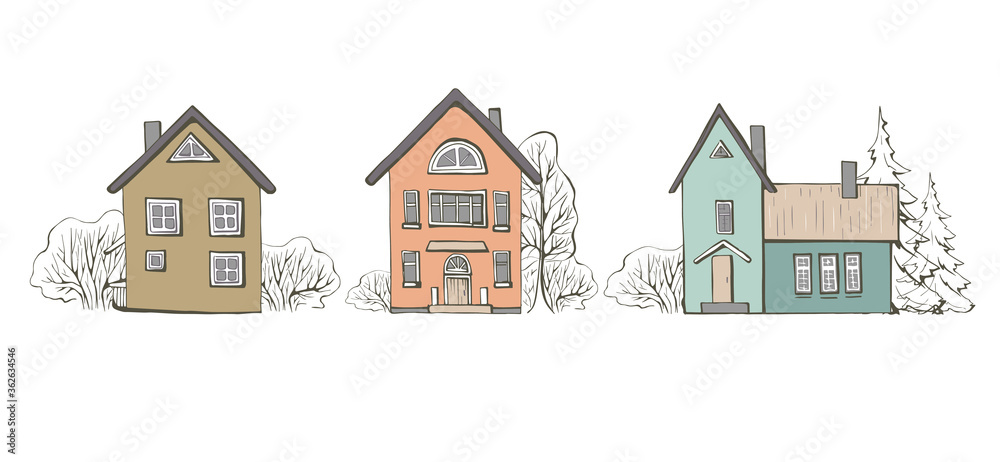 Pastel color scandinavia house set in beautiful style on white background with graphic trees. Hand drawn vector illustration isolated on white background. Nordic style, village. Pastel color scandinavia house set in beautiful style on white background with graphic trees. Hand drawn vector illustration isolated on white background. Nordic style, village.
