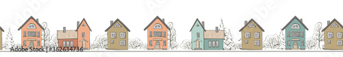 Seamless pastel color scandinavia house fasades street on white background with graphic trees. Graphic cityscape border horizontal. Hand drawn vector illustration isolated. Nordic style.