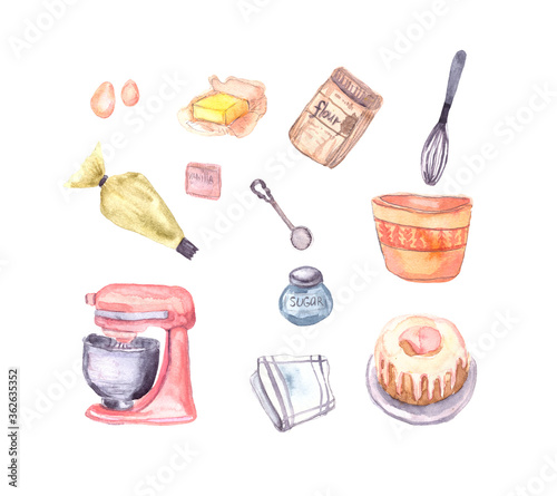 Watercolor set clipart for cake shop and bakery, kitchen with eggs, butter, vanilla, flour, sugar and stationary blender, cooks. Recipe cake illustration.Kitchenwear