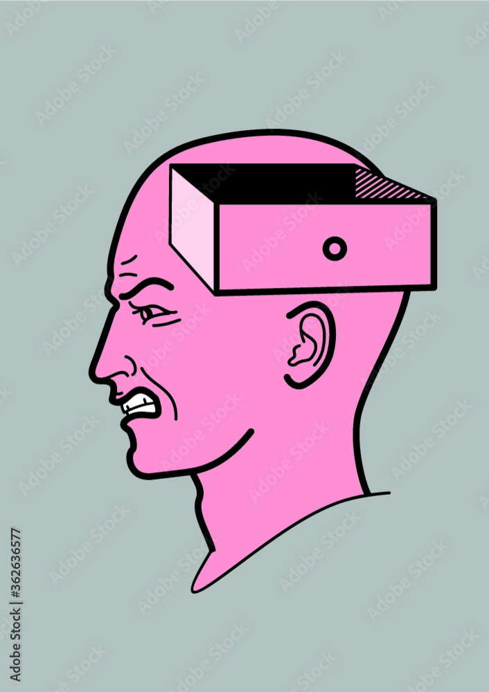 Human head. The brain of a man with an open box. Abstract shape of a human head with a box. Profile man. Emotions anger, annoyance, aggression. It symbolizes changes of thoughts, influence on opinion Human head. The brain of a man with an open box. Abstract shape of a human head with a box. Profile man. Emotions anger, annoyance, aggression. It symbolizes changes of thoughts, influence on opinion