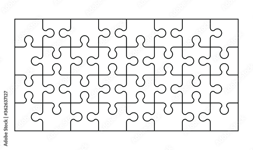 Set of thirty two puzzle pieces. Puzzle with different types of details