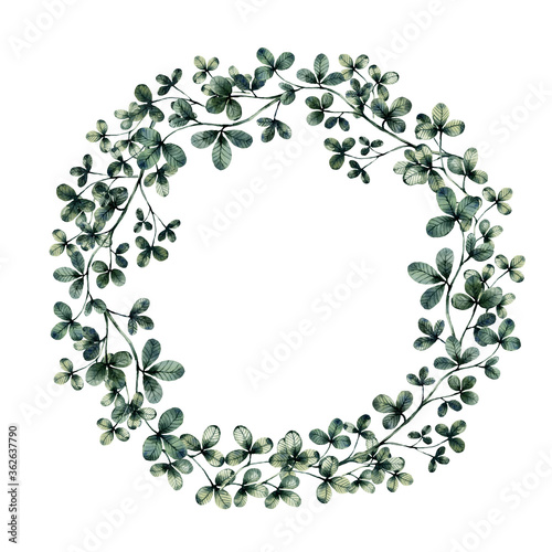 clover watercolor green herbal organic nature frame round illustration, hand drawing