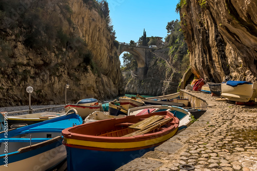 Fishing boats line the quayside in Fiordo di Furore on the Amalfi Coast, Italy