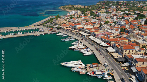 Fototapeta Naklejka Na Ścianę i Meble -  Aerial drone panoramic photo of picturesque port and main town of Aigina island, Saronic gulf, Greece