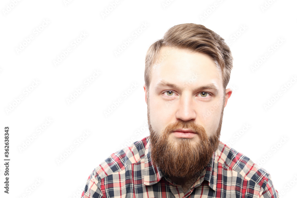 Hipster bearded man in red shirt isolated on white background Hipster bearded man in red shirt isolated on white background