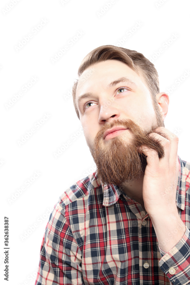Hipster bearded man in red shirt isolated on white background Hipster bearded man in red shirt isolated on white background