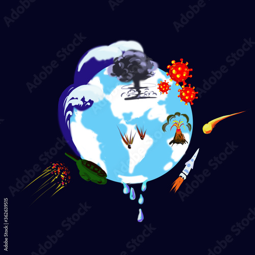 illustration of the earth and the factors threatening the ecosystem: atomic explosions, wars, asteroids, tsunamis, tornadoes, volcanoes,