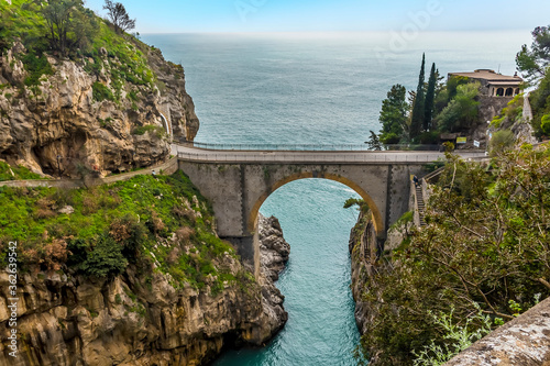 Looking down on the arched bridge at Fiordo di Furore on the Amalfi Coast, Italy