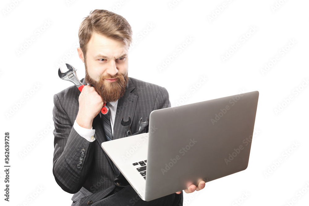bearded man in suit worker for fix problem computers bearded man in suit worker for fix problem computers