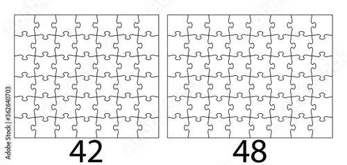 Set of forty two and forty eight puzzle pieces. Puzzle with different types of details and the ability to move each part. Black and white vector illustration.