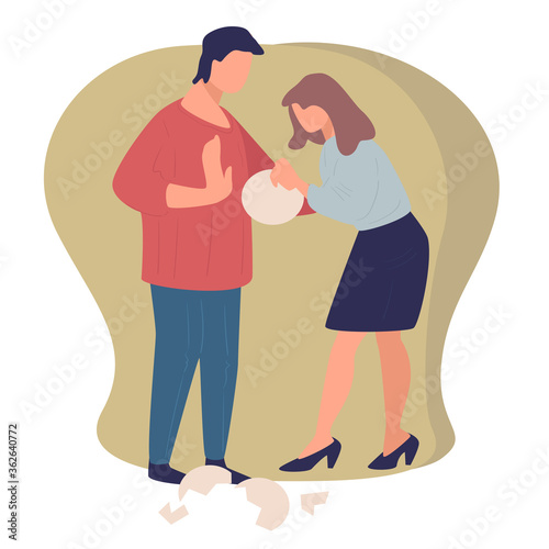 Quarreling couple, wife and husband breaking dishes vector