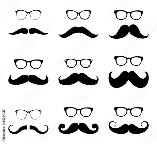 Set of mustache. Men beard and specs collection on white background drawing by illustration