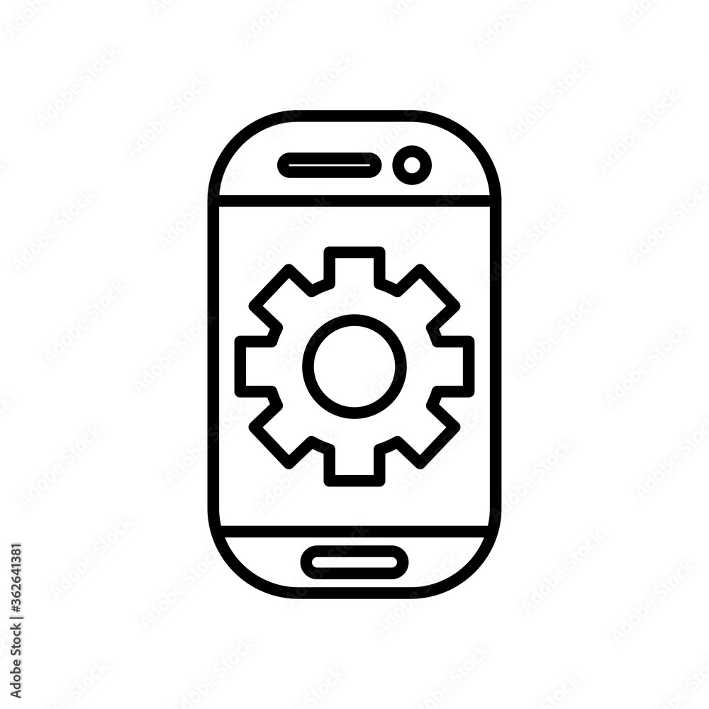 smartphone with gear wheel icon on screen, line style smartphone with gear wheel icon on screen, line style