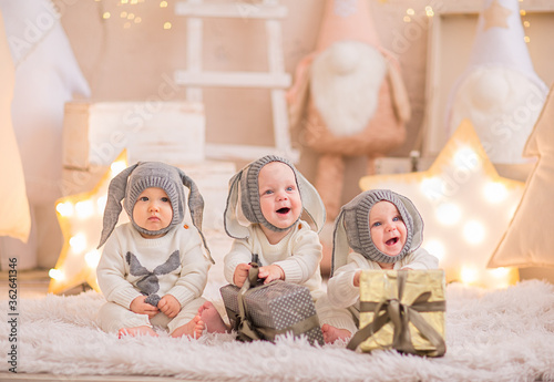 Three baby boys in Christmas suit like a white rabbit at white Christmas decorated studio. photo