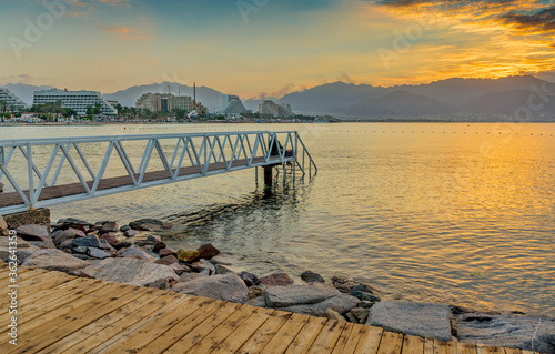 Morning on central beach of Eilat - famous tourist resort in Israel and Middl...