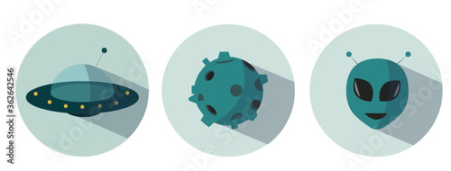 A set of icons: space, UFO and alien