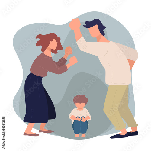 Wife and husband quarreling before scared kid, violence and aggression