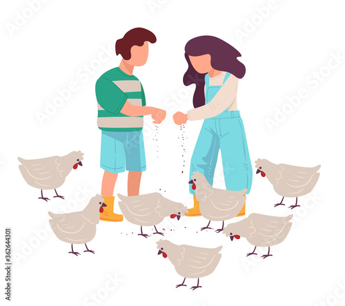 Children feeding chicken on farm, boy and girl