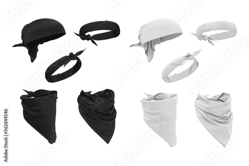 How to wear a bandana. On the neck on the face, on the head on the forehead. Clothing, accessories, headgear. Black and white moсk up, template for design.