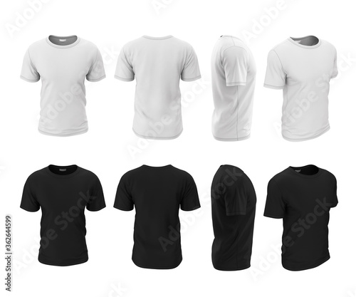 Set of 3D realistic men's t-shirts of different angles, black and white color. Menswear template, mokcup for presentation design, logo. 3d illustration.