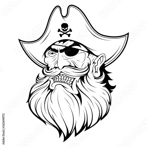 Bearded evil pirate. Pirate tattoo. Captain logo. Pirate Eye. Buccaneer hat. Vintage sailor character. Filibuster face. Freebooter. Monochrome style. Vector graphics to design.