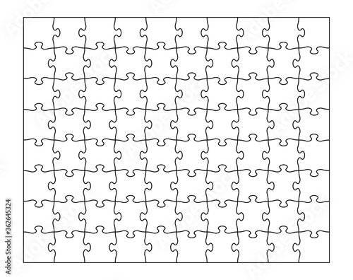 The set of eighty pieces of the puzzle. Puzzle with different types of details and the ability to move each part. Black and white vector illustration