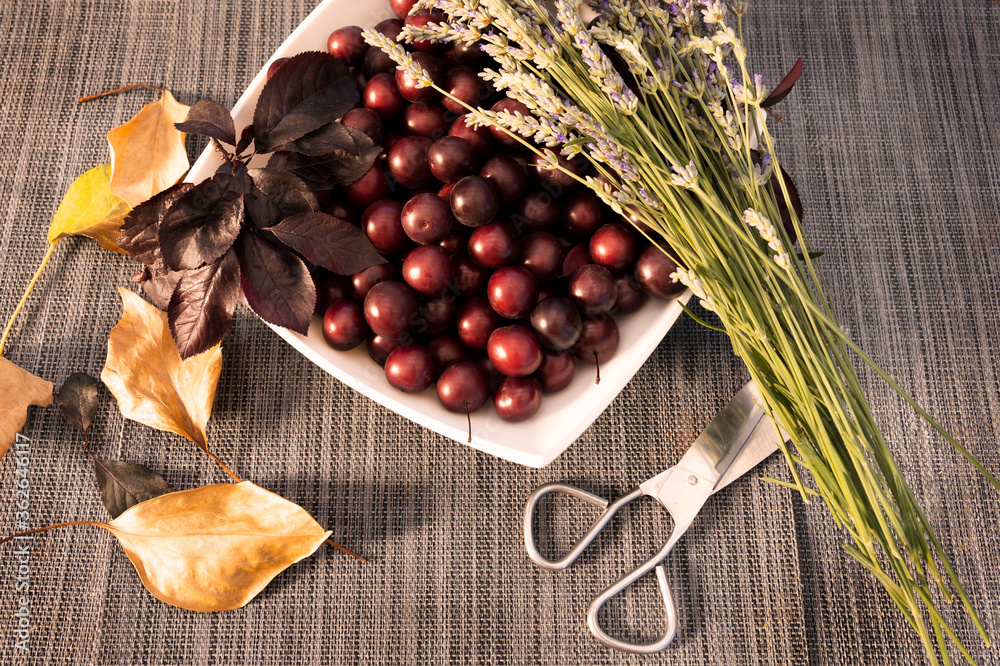 Autumn harvest cherry fruit and lavender