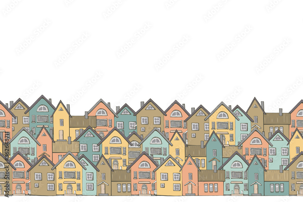 Seamless border pastel scandinavia colored house faсades in three levels on white background. At home close to each other. Graphic cityscape backdrop horizontal. Hand drawn vector illustration.
